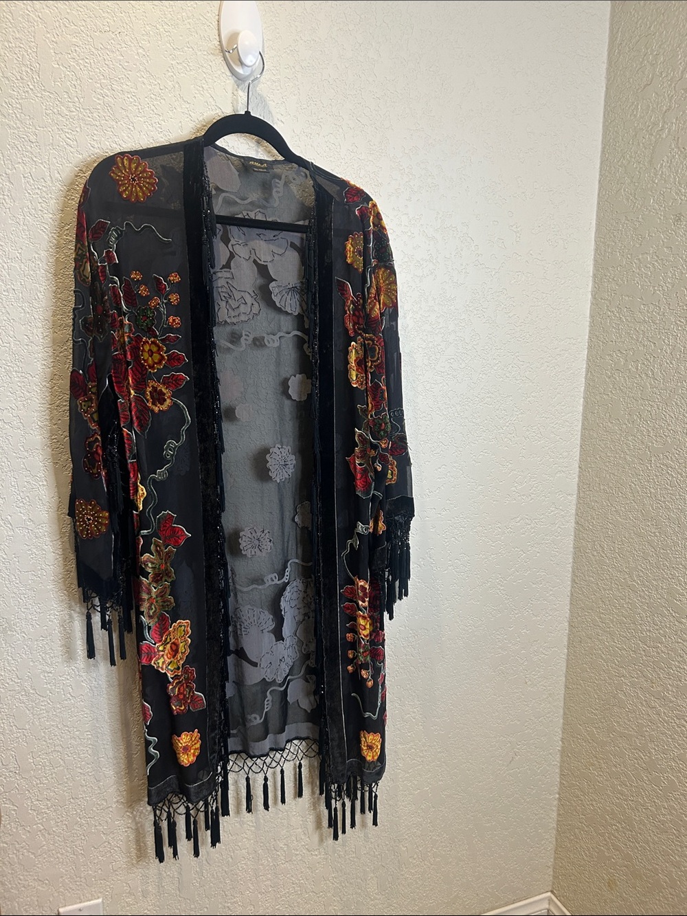Black Floral Embroidered beaded Fringe Kimono